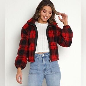 BB Dakota Red and Black Plaid Puffer Jacket